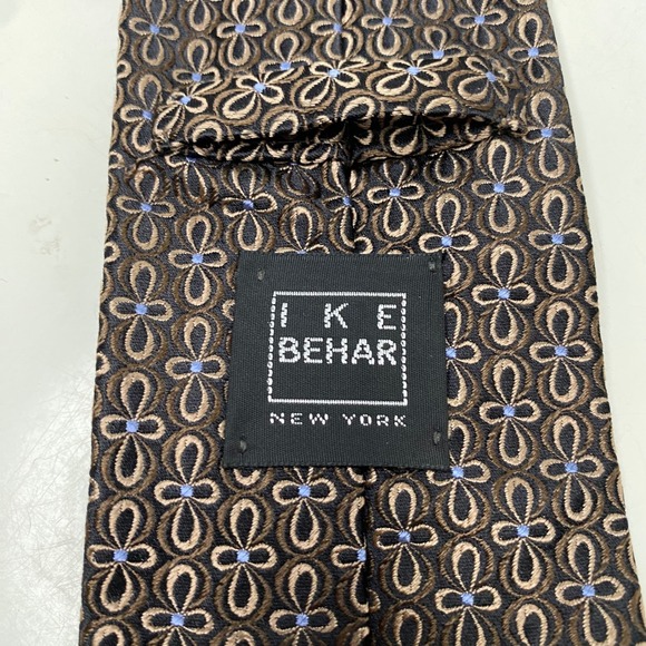 Ike Behar New York Mens Silk Tie Brown Blue Geometric Floral Hand Tailored USA - Picture 5 of 9